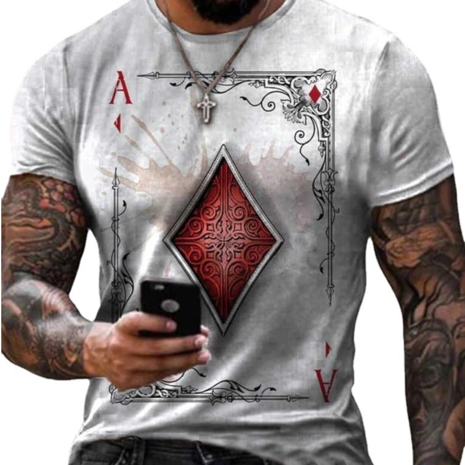 

men's silk screen printing muscle Playing cards sublimation t-shirts, Black, white, khaki