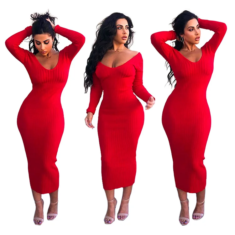 

Sexy Autumn New solid Color Long-sleeved Long Dress 2020 fall women dress stretch fall dresses, Red