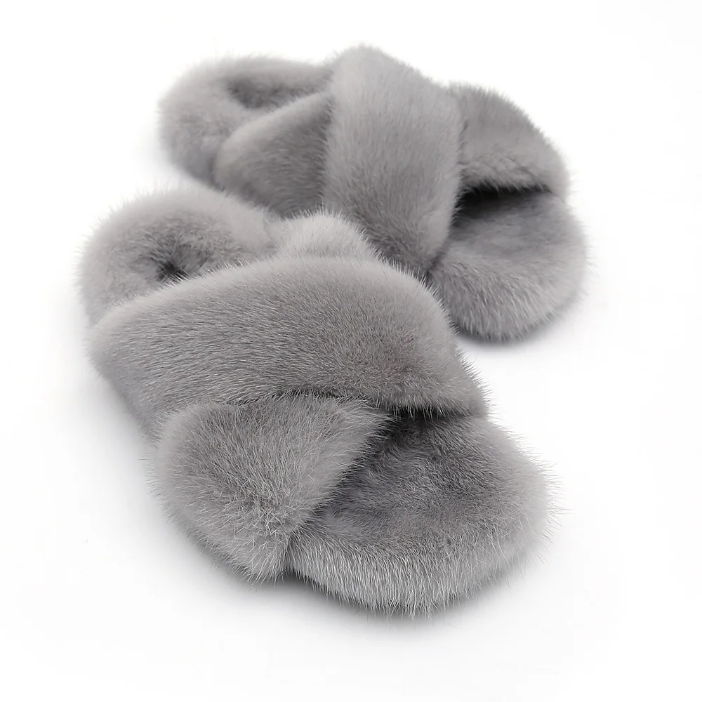 

Wholesale Furry Slides Fluffy Slide Sandal Luxury Real Mink Fur Slippers For Women