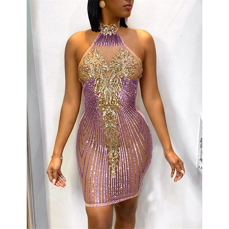 

European and American women's sexy backless dress sequins hanging neck tight skirt