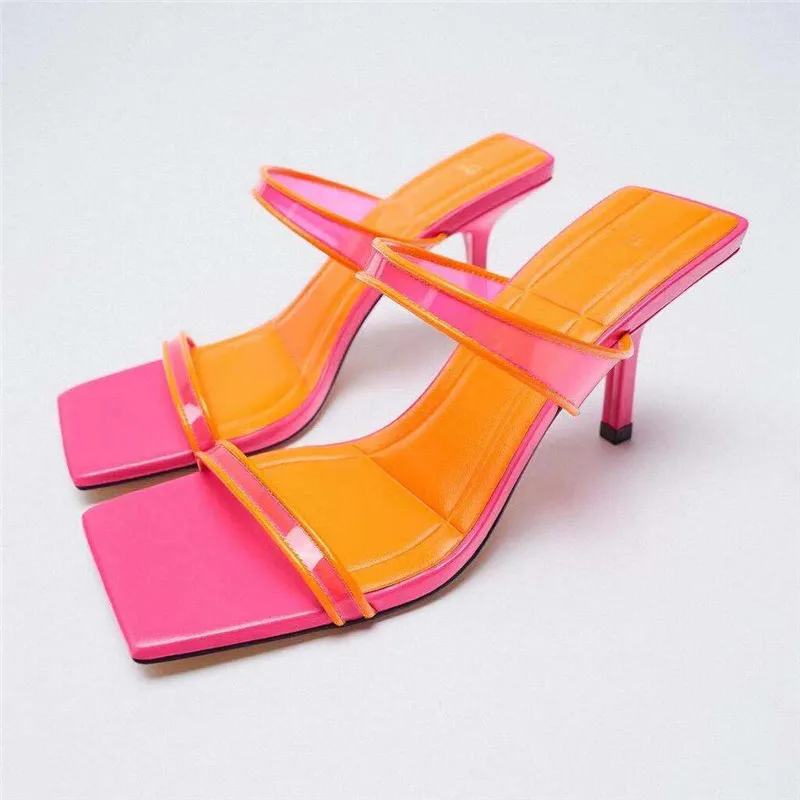 

Summer high-heeled sandals color blacking fashion slippers 2022 neon women's shoes, Picture