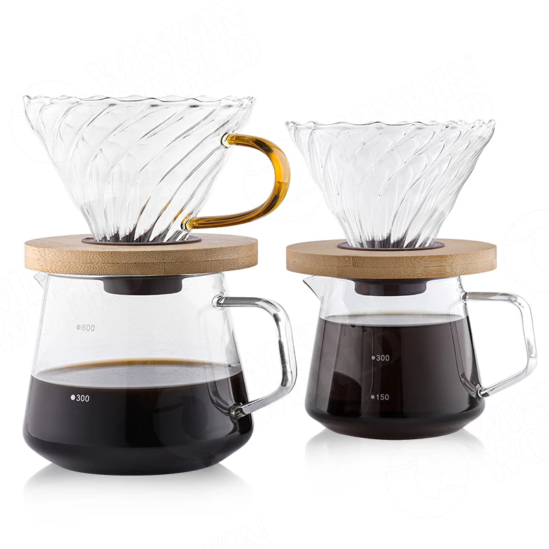 

New Arrivals Eco Friendly Pour Over Coffee Maker Set with Coffee Dripper Glass. Iced Pour Over Coffee Dripper Bamboo Stand