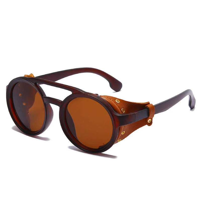 

2021 New Retro Vintage Round Polarized Punk Steampunk Sunglasses For Men Leather Side Shield Male Sun Glasses UV400, Custom colors
