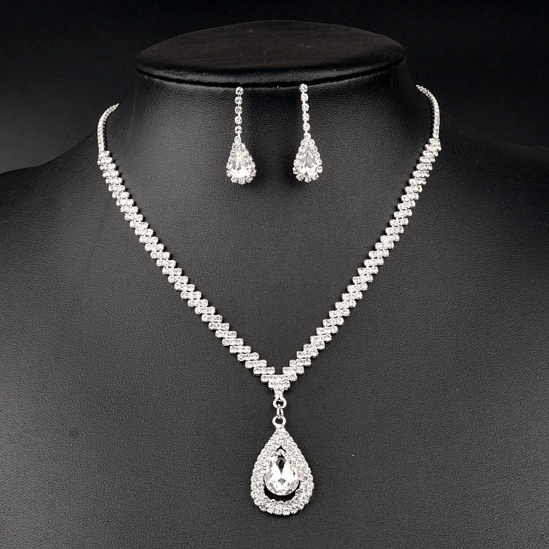 

Korean Styles Lover Women Bridal Wedding Accessories Full Zirconia Necklace Earrings Jewelry Set, Silver