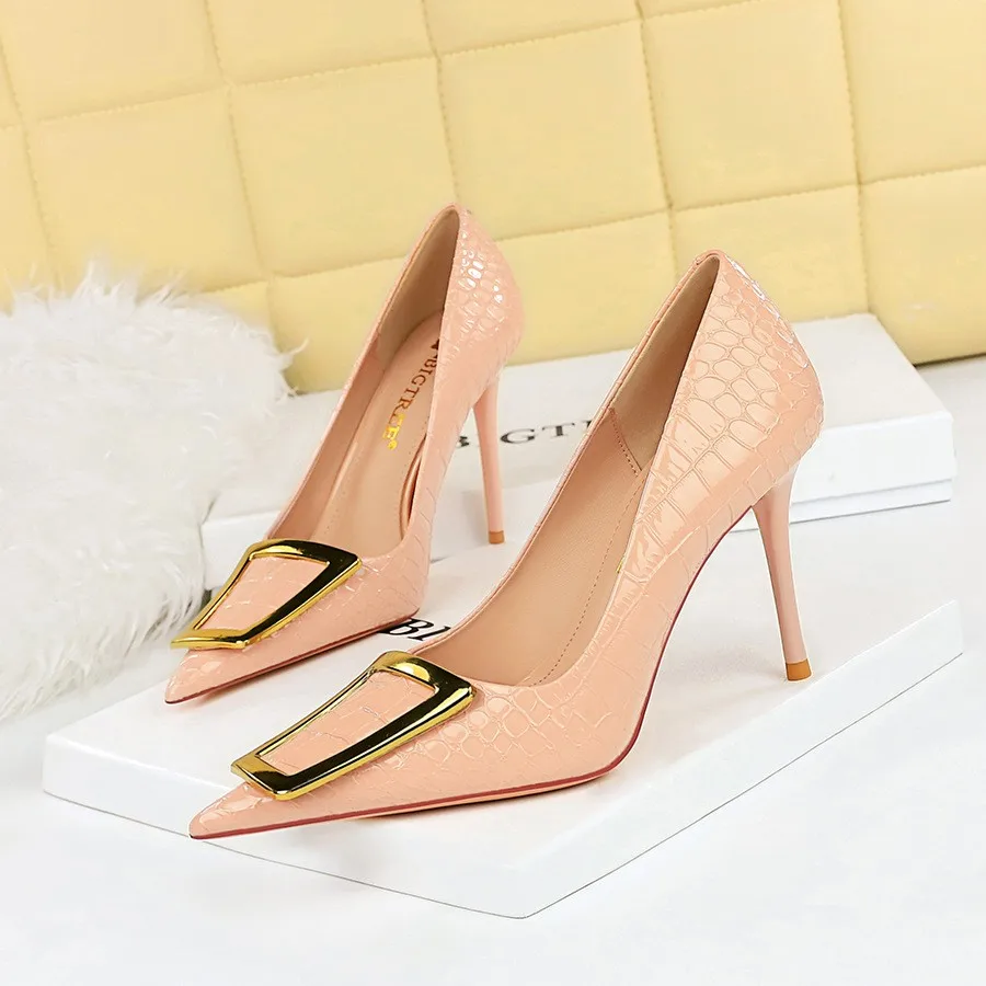 3391-26 Simple Stiletto Office Ladies Heels Shoes Pu Leather Slip-On Pointed Toe Metal Buckle High Pumps Shoes for Women