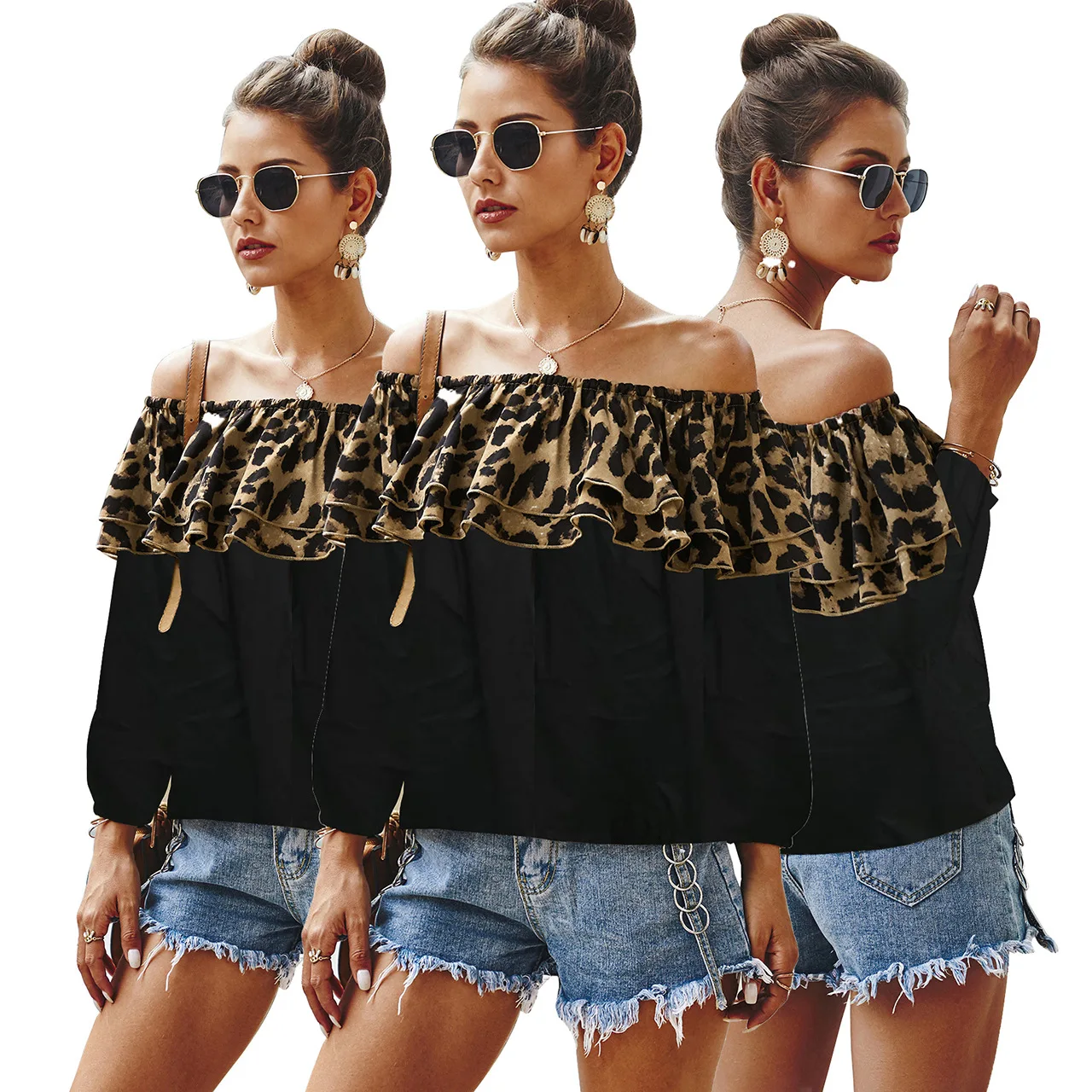 

New Style Women Fashion Clothing Leopard Ruffles Off Shoulder Tops Long Sleeve Shirt Ladies' Blouses