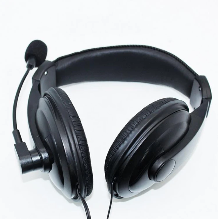 

Head-mounted wired telephone business headset in office