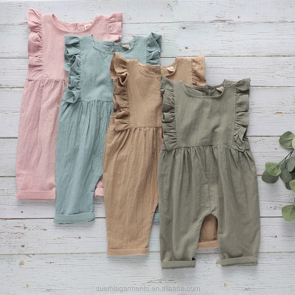 

Summer Cute Infant Toddler Girl Clothes Cotton Linen Frill Sleeve Romper Baby Overall Jumpsuit, Photo showed and customized color