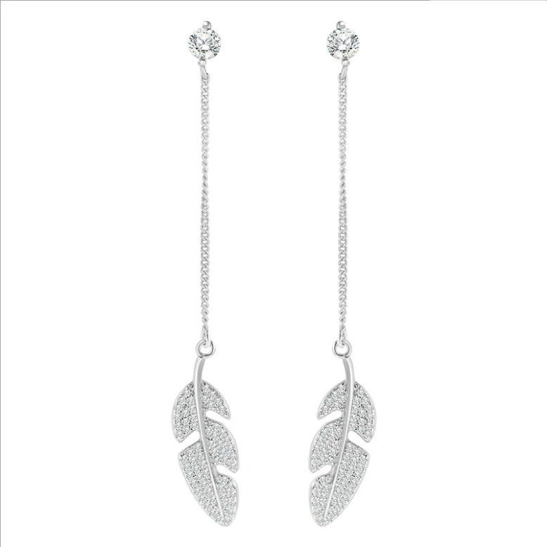 

s925 sterling silver feather personality 2022 long zircon real silver drop long earrings aretes plata 925