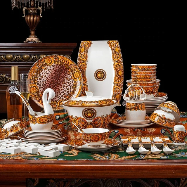 

60 Pcs New Western Luxury Leopard Pattern Ceramic Dinnerware Sets, Yellow bone china set