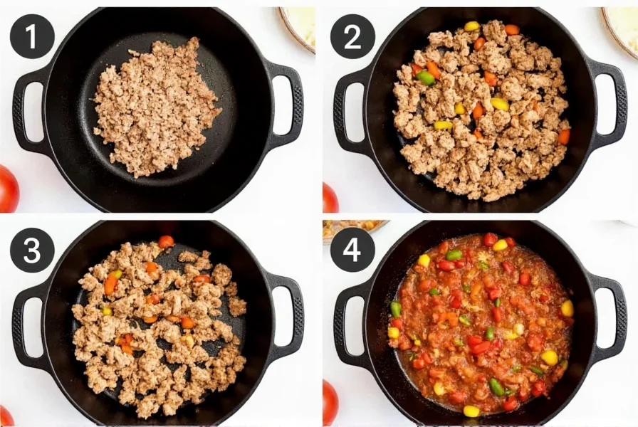 Step-by-step preparation of turkey meat chili showing browning ground turkey with vegetables in cast iron pot