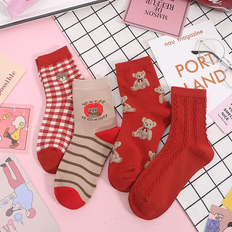 

China socks Red color Lucky bear ruffle socks women crew Winter socks woman