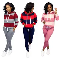 

Factory Winter Women Clothing Long Sleeve Patchwork Hoodie Sweatsuit Jogging Suit Two Pieces Pants Set