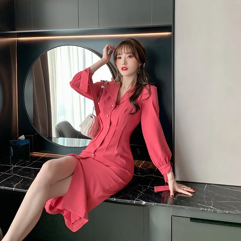 

2020 Fall Women's Long Sleeve Temperament Sexy Casual Red Dress