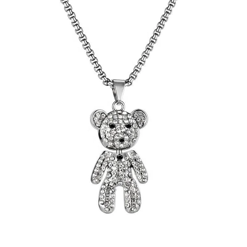 

Free Shipping Jewelry 316L Stainless Steel Lovely Full Diamond Long Sweater Chain Bear Necklace, White