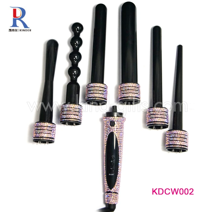 

Professional hot tools interchangeable hair curler salon equipment 6 in 1 bling crystal curling wand, Pink