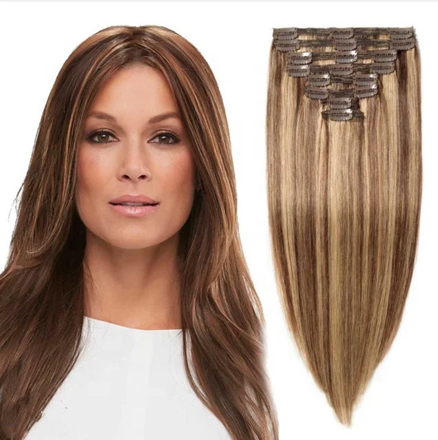 

BEAU FLY European American Style 100% Human Hair Piece Long Straight 8pcs Pack Hair Extensions, Gold