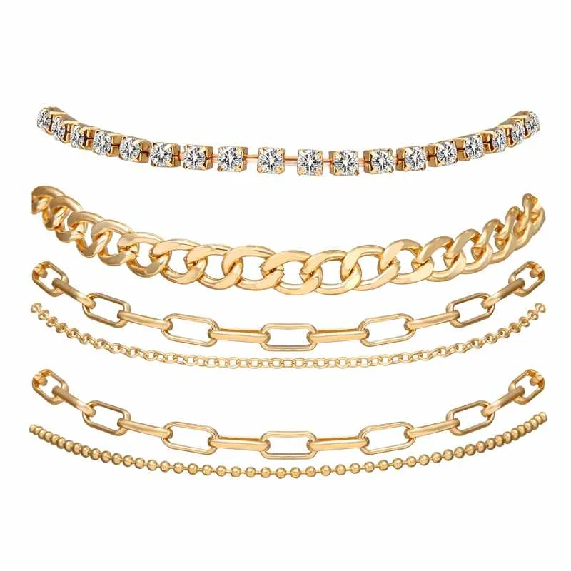 

New Trendy Gold Plated 6 pcs Set Full Crystal Tennis and Link Chain Jewelry Bracelet for Women