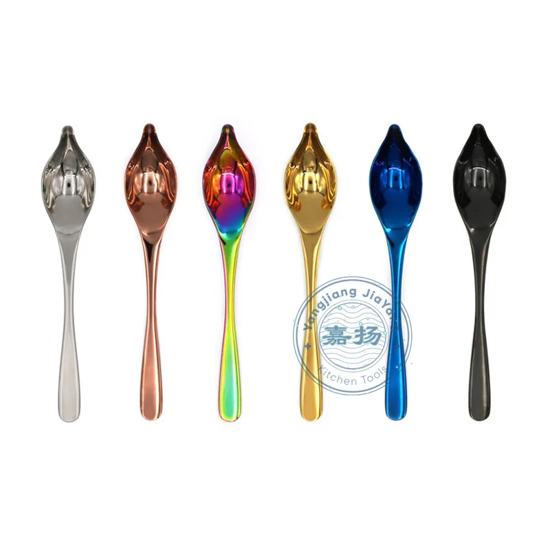 

(JYKT-CS010)Chef sauce spoon wholesale stainless steel titanium coating colorful Drizzle Spoon with fine tip, Silver / rainbow/ gold/ blue/ black