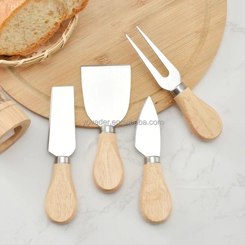 

4-piece gift box Stainless steel Acacia Wood Handle cheese knife set butter knife pizza knife, Silver