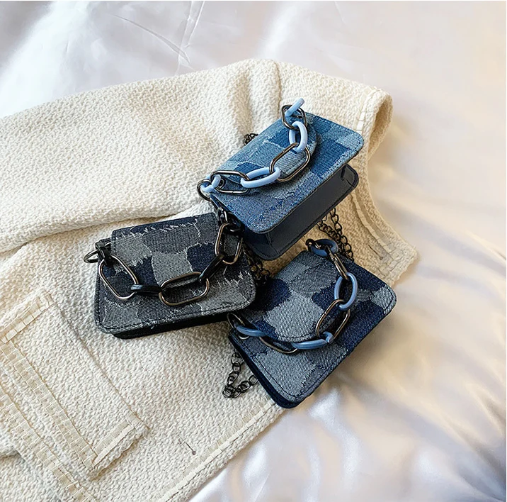 

New Arrival Canvas Denim Blue Patchwork Underarm Bag All-Match Mini Lipstick Handbag Casual Fashion Crossbody Bags, 3 colors
