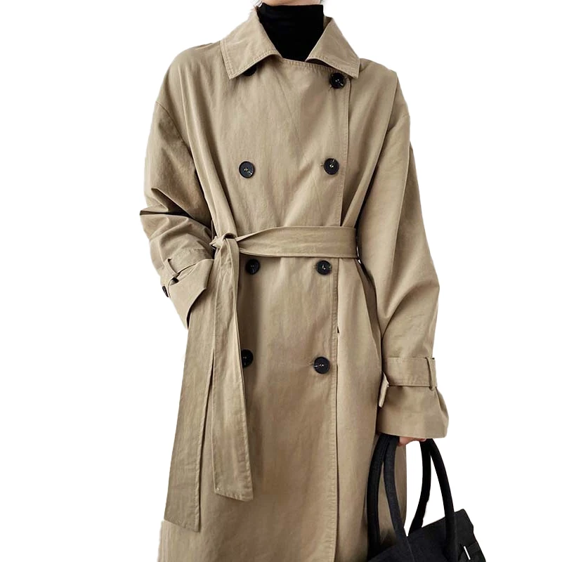 

Hot sale Spring and autumn women long sleeve cuff ring jacket khaki navy double breasted trench coat