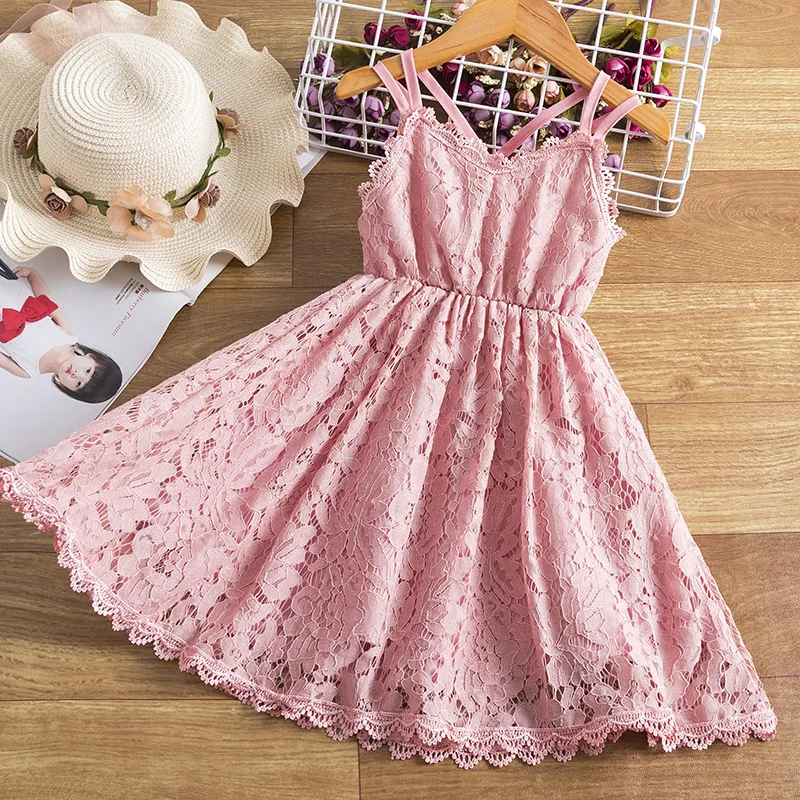 

2021 Little Girl Lace Princess Summer Dress Causal Wear Strap Sleeveless Solid Color Kids Dresses Baby Clothes Children Clothing