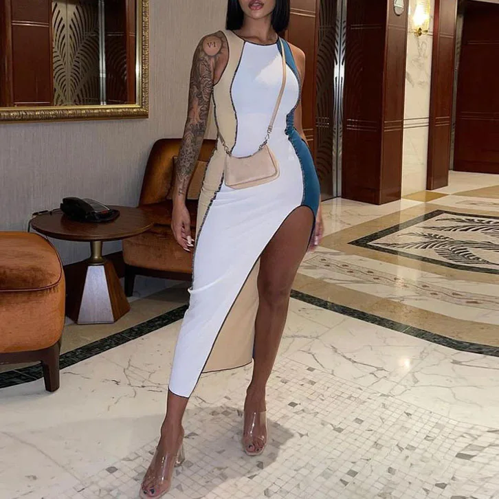 

FS3347D Sexy Contrast Color Sleeveless Ladies Fashionable Dresses Woman Long slit dress