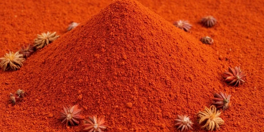 Colorful array of reddish spices in glass jars on a shelf
