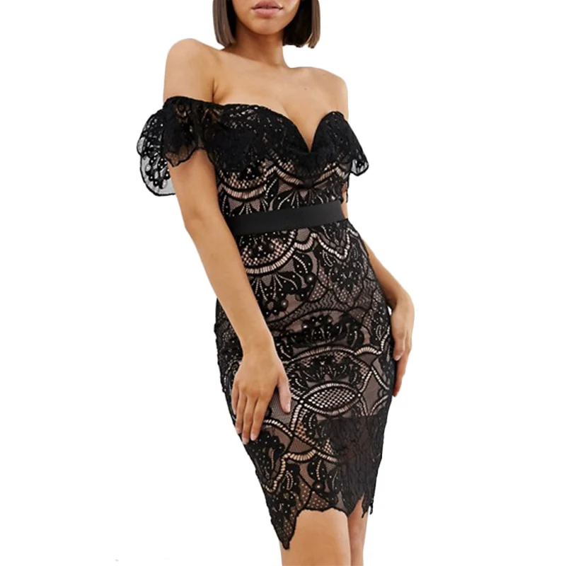 

Hot Sale Ladies Elegant Off Shoulder Black Clothing Floral Sexy Summer Women Lace Mini Dress, Customer requirement