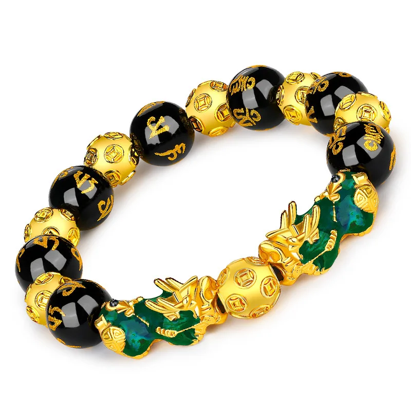 

3D Change Temperature Vietnam Sand Gold Fengshui Pixiu Bracelet Prosperity Black Obsidian Beaded Six Words Pixiu Charm Bracelet