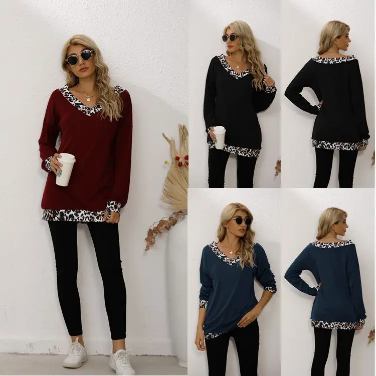 

Autumn new leopard mosaic V-neck mid length top T-shirt casual loose women's wear
