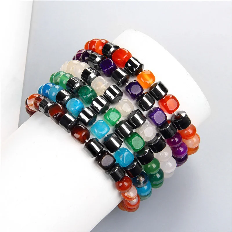 

Wholesale Healing Natural Gemstone Square Shaped Striped Agate Health Care Magnetic Hematite Charm Bracelet