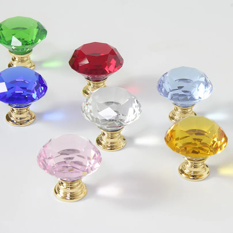 Natural Color 30mm Single Hole Crystal Glass Knobs Diamond Shape Cupboard Pulls for Kitchen Dresser Bedroom Cabinet Door