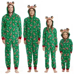 Hot sale winter one piece zipper jumpsuit long sleeve hooded pajamas kids and adults lounge wear matching family christmas pjs