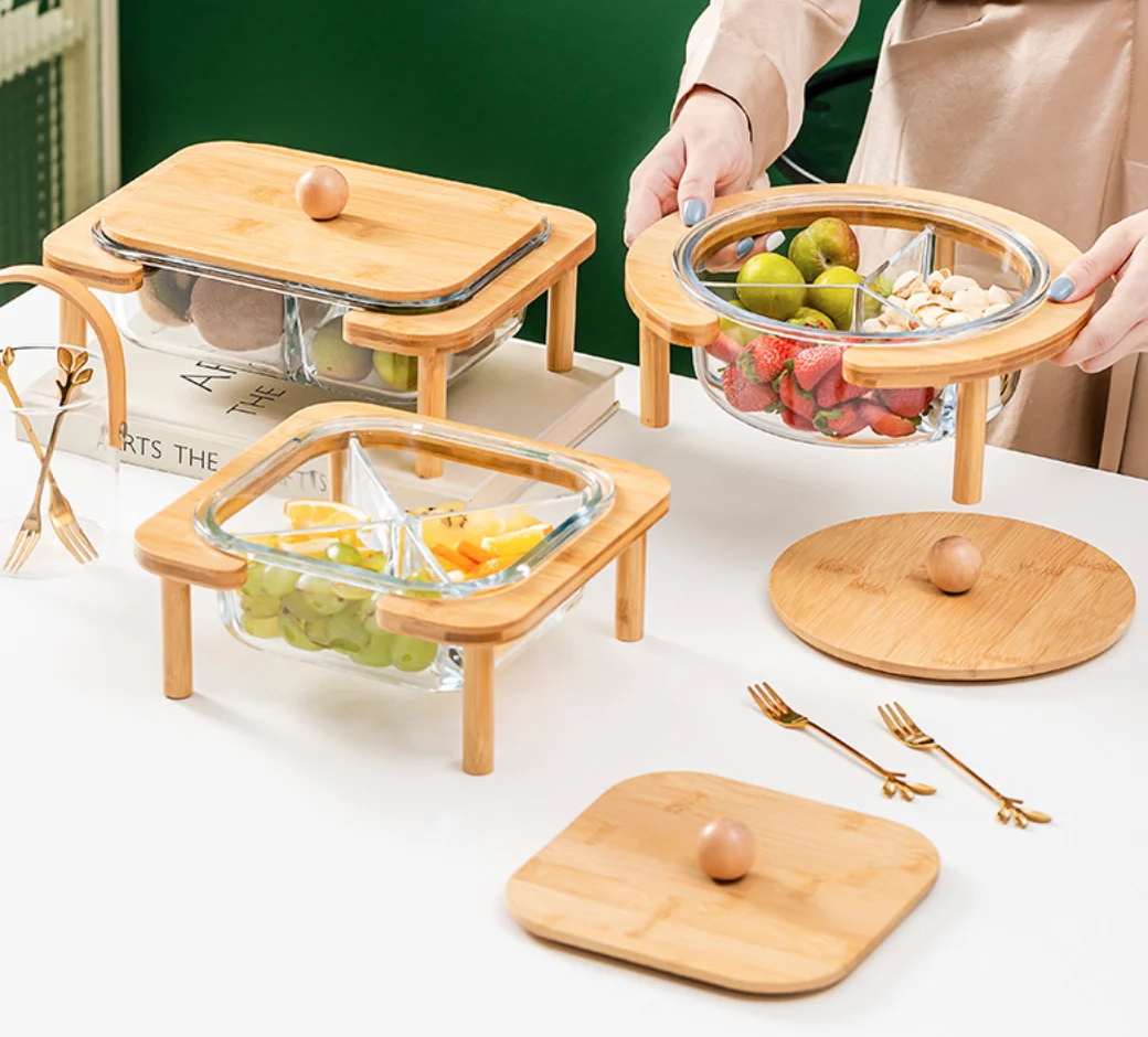 

Amazon's Creative wood holder snack plate glass tea fruit plate divider snack candy bowl with cover dried fruit bowl, Black and white