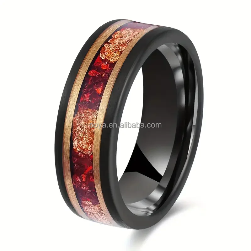POYA 8mm Black Tungsten Ring with Chunky Glass Stone and Gold Leaf Inlay and Rose Gold Strips for Couple's Wedding or Engagement