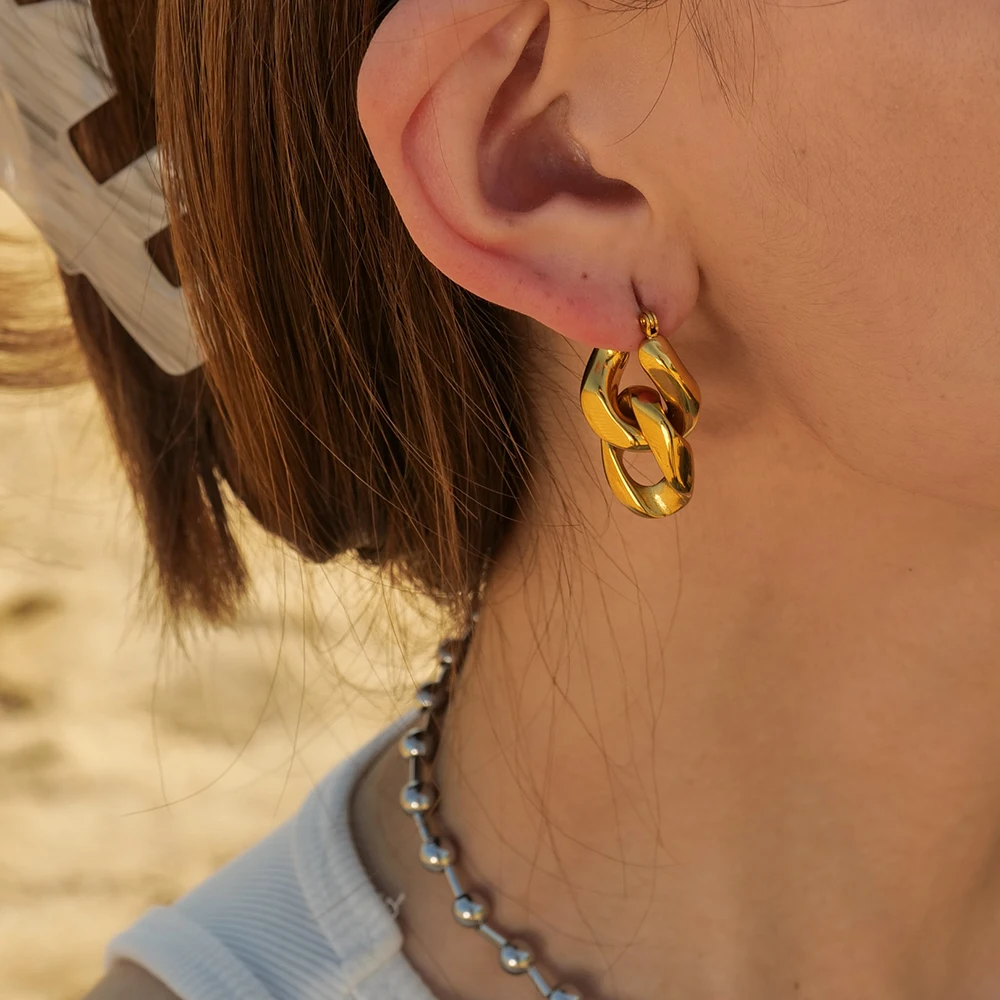

18K PVD Plated Stainless Steel Cuban Chain Pendant Earring Geometric Hiphop Earrings For Women