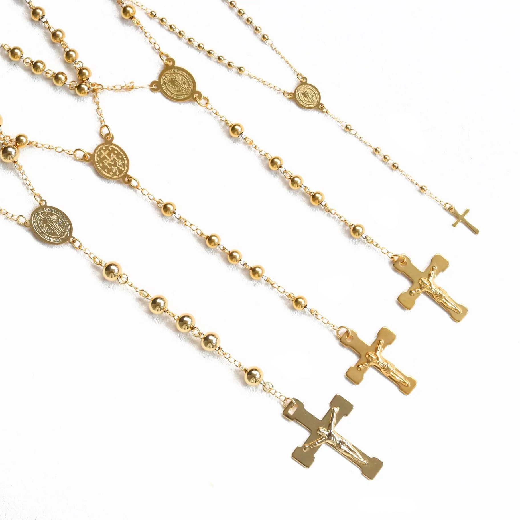 

New Gold Rosary Bead Y Necklace Religious Jewelry Catholic 14K 18K 22K 24K Gold Plated Chain Jesus Cross Pendant Rosary Necklace, Golden
