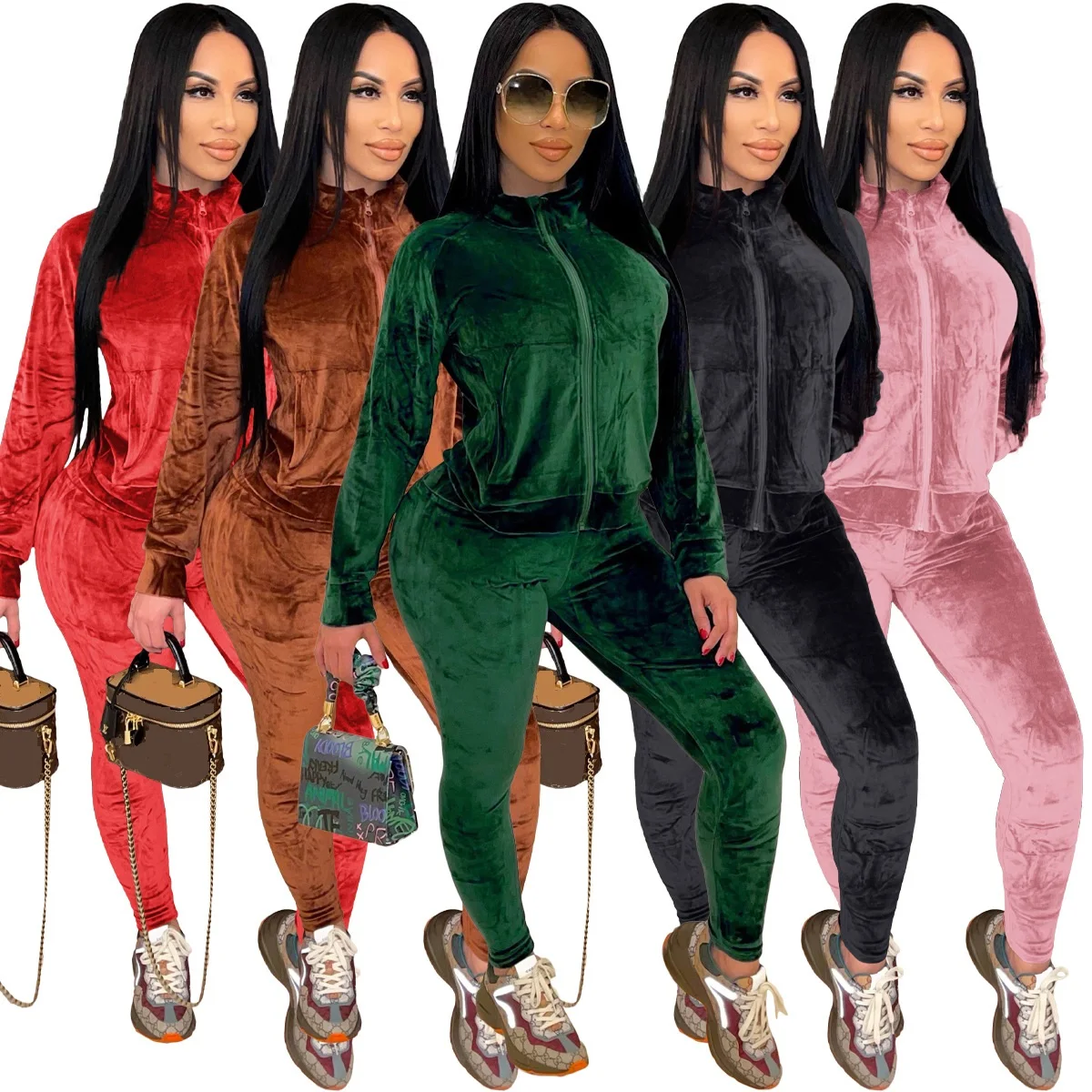 

Casual Fall Winter Velour Tracksuit For Women Stylish Slim Zip Up Joggers Pants Two Piece Pants Set, Picture color