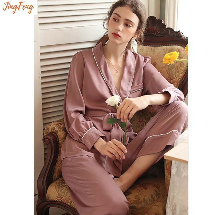 

Custom logoPajamas women's vintage satin long sleeve trousers two piece set summer thin ice silk homewear set