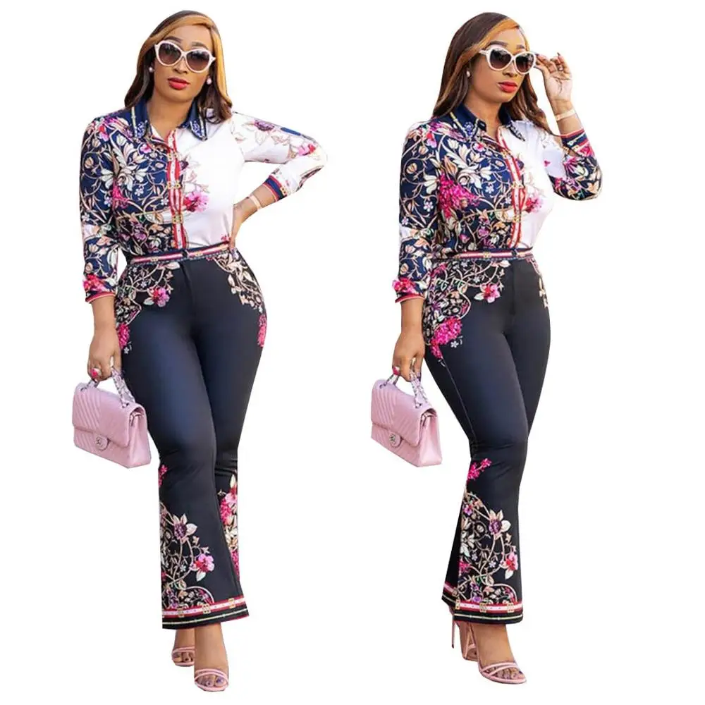 

fashion clothing print shirt and flared pants 2 piece women set, Blue