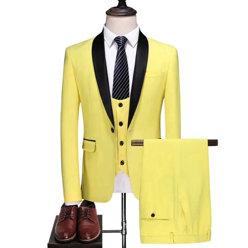 

Yellow Color Suit Blazer Vest Pants Slim Fit Set Groom Men Suit for Wedding, As pic