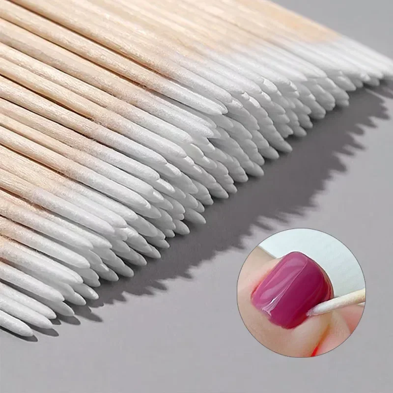100Pcs Nails Wood Swab Clean Sticks Bud Tip Wooden Cotton Head Manicure Detail Corrector Nail Polish Remover Nail Art Wand 7cm