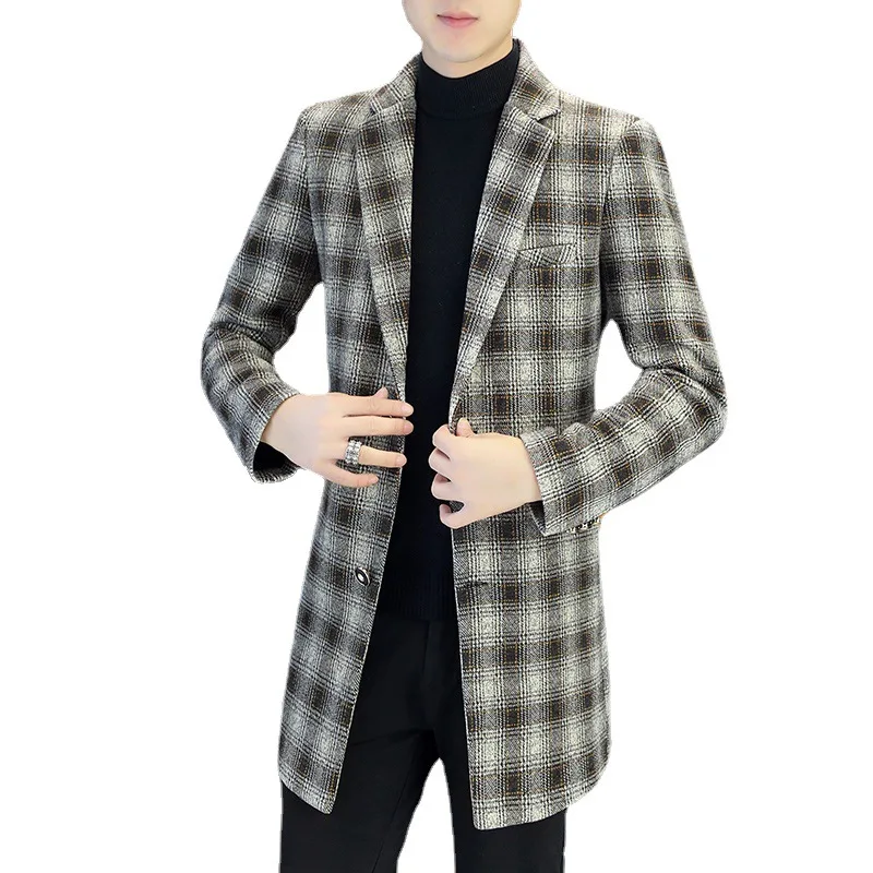 

Men's Mid-Length Plaid Windbreaker Jacket Men Long Trench Coats Classic Casual Tweed Long Jackets Woolen Coats Business Overcoat