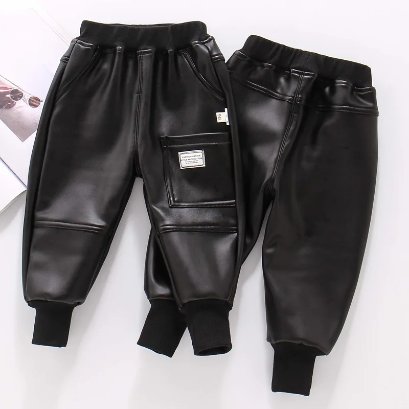 

2021 New Winter Toddler Boy Black Faux Leather Thicken Pants with Labels 2-6 Years