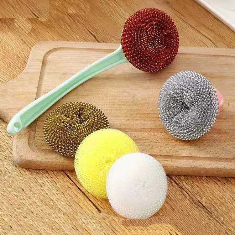 

Stainless steel dishwasher sponge Household kitchen cleaning wire ball with handle, long handle, short handle, brush with handle