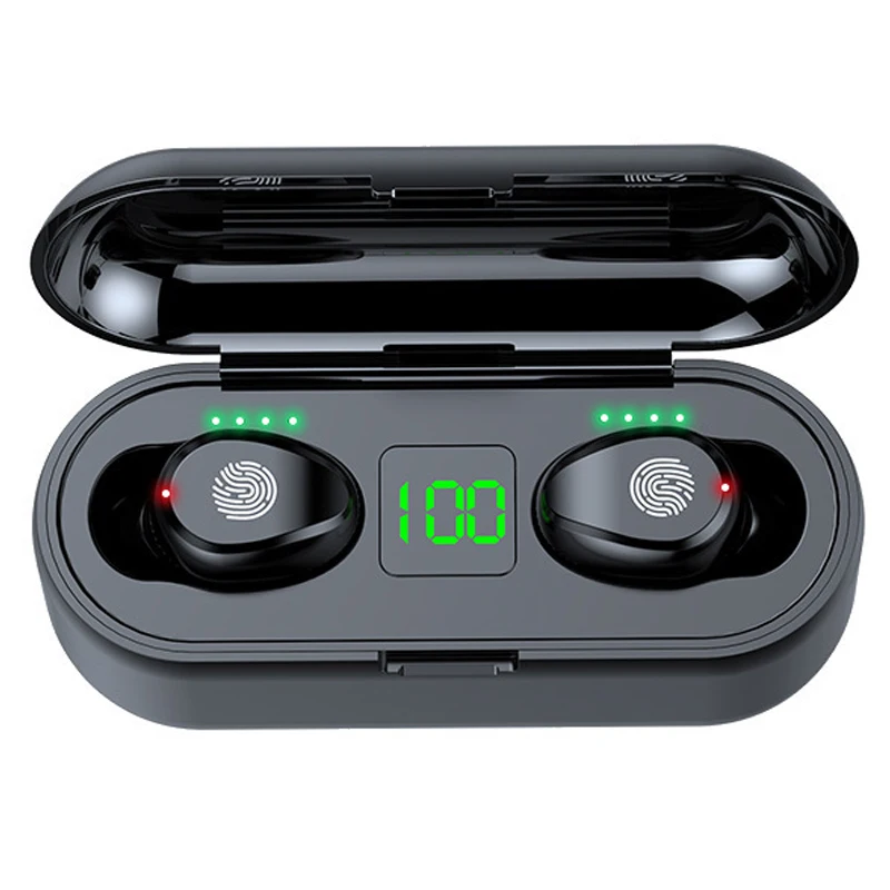 

9D hifi stereo led display lcd 2000mah battery ipx7 waterproof bt 5.0 tws f9 audifonos auriculares earphone wireless earbuds, Black