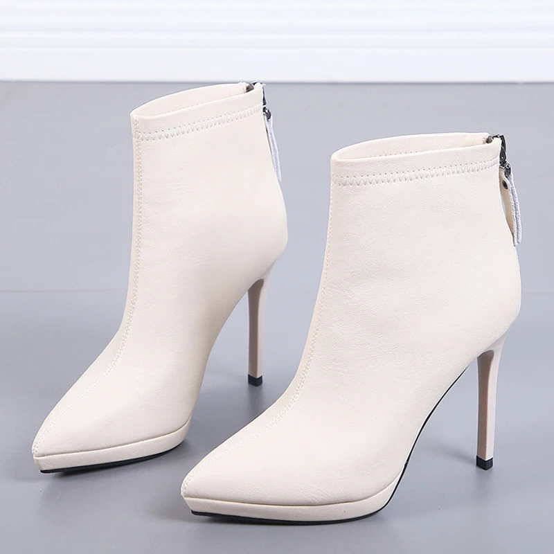 

Autumn New High Quality Leather Pointed Toe Zipper Short Boots Women Thin High Heels Booties Lady Fasion Office Shoes