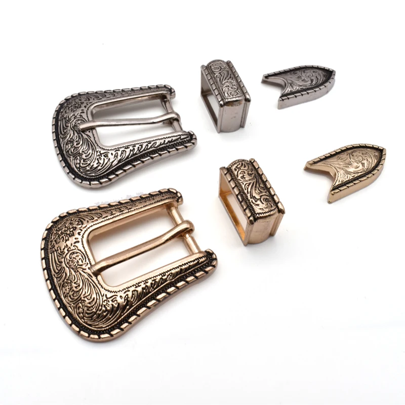 

20mm zinc alloy 3 piece western pin belt buckle set with flower engraved design belt buckle men